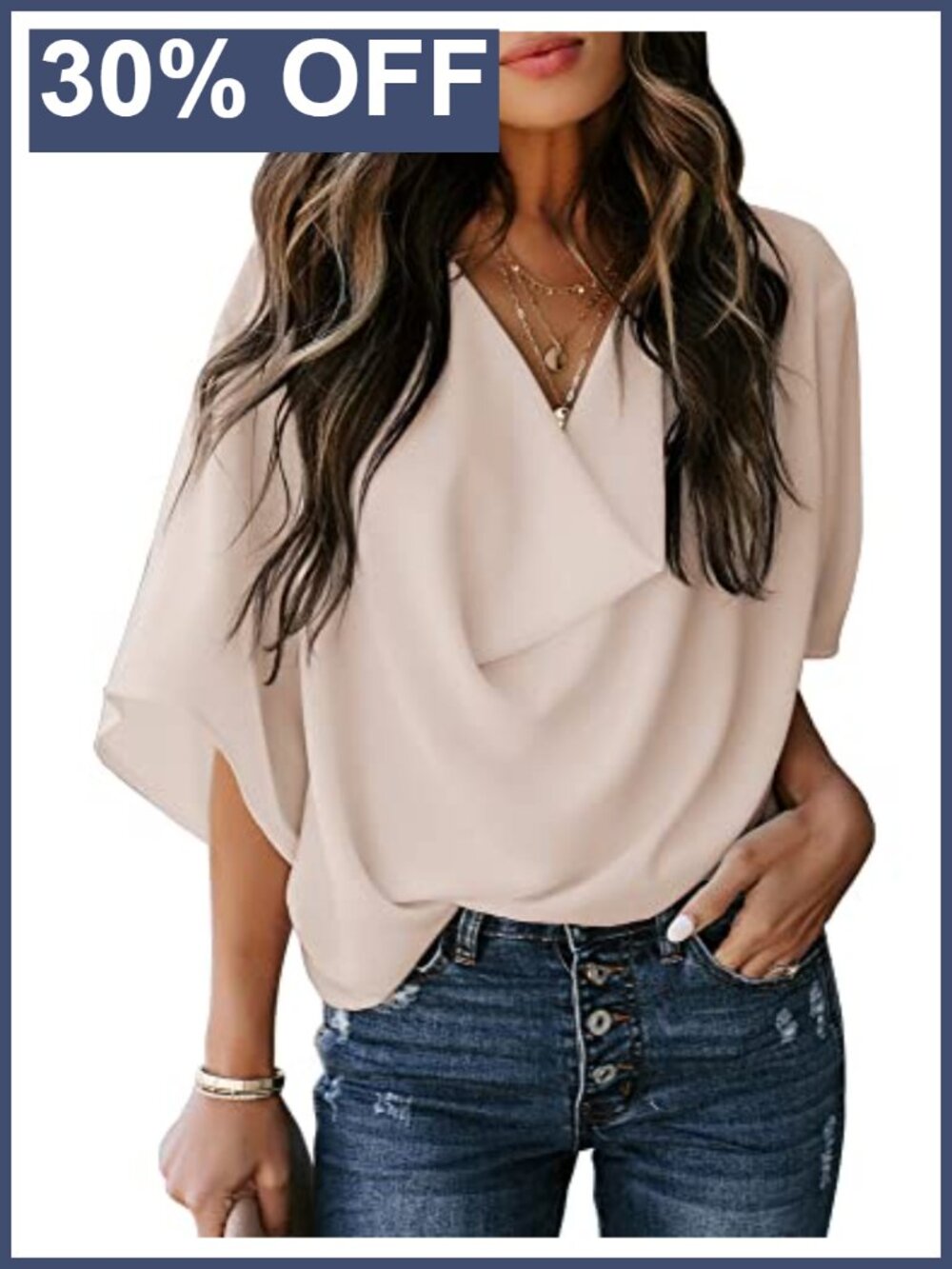 Dokotoo Women's V-Neck Wrap Draped Front Blouse 3/4 Sleeve Ruffle Top